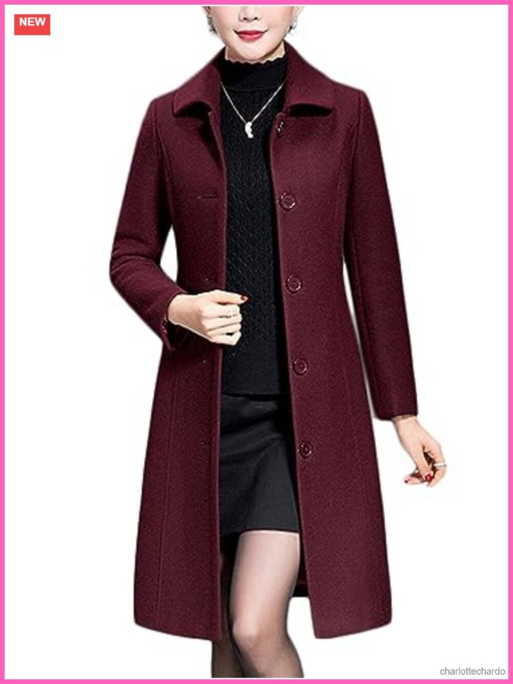Women's Polyester Wool Trench Coat Slim Fit Winter Long Overcoat